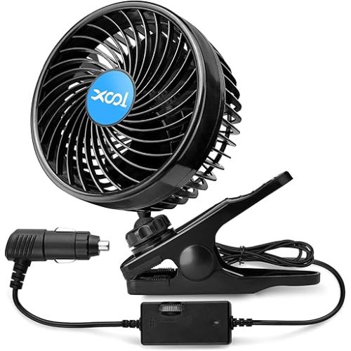 XOOL 12V 6'' Car Fan, Clip Fan 360 Degree Rotatable Car Fan Cooling Air Fan with Stepless Speed Regulation & Cigarette Lighter Plug for SUV, RV, Vehicles