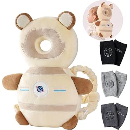 Feidoog Baby Head Protector Cushion Backpack with 3 Knee Pads for Walking & Crawling,Khaki Astronauts