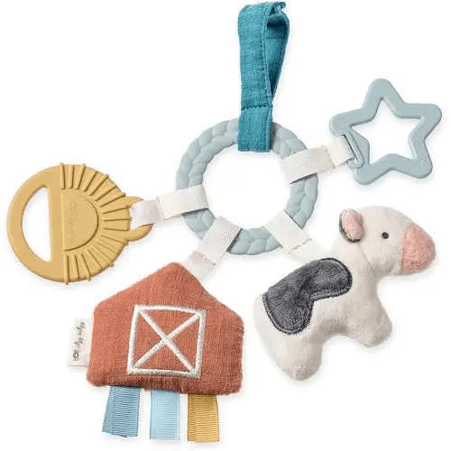 Itzy Ritzy Teething Activity Toy - Bitzy Busy Ring Infant Teething Toy Features Braided Ring & Dangling Toys, Includes Teether, Textured Ribbons, Crinkle Sound & Jingle Bell - 0 Months & Up (Farm)