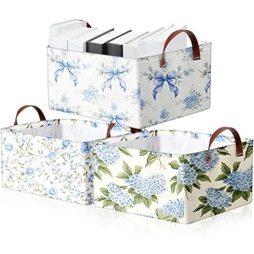 Boao 3 Pcs Blue Hydrangea Bow Storage Bin Flowers Collapsible Large Storage Baskets for Gifts Canvas Laundry Basket Foldable Box with Handle for Office Home Bedroom Clothes