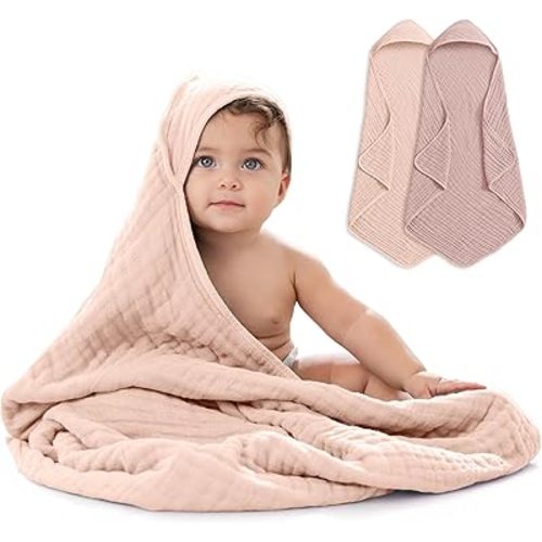 Comfy Cubs Hooded Baby Towel 2-Pack, Large 32 x 32 Inch - 6 Layer 100% Muslin Cotton for Babies, Toddlers, Kids - Soft & Absorbent Baby Bath Towels - Unisex Design for Bath Time, Mauve and Blush