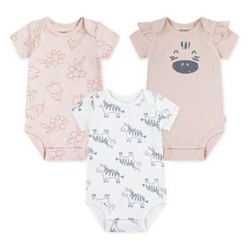 Huggies Baby Girls' Zebras 3pk Short Sleeve Bodysuit - Pink 12M: Organic Cotton, Crotch Snap, Knit Fabric