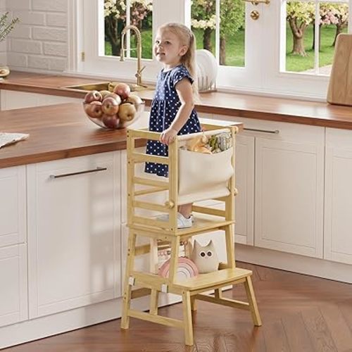 Amazer Bamboo Toddler Kitchen Step Stool, Anti-Tip Toddler Standing Tower with Push-Pull Safety Rail, Step Stool for Toddlers with Safety Net, Kids Step Stool for Kitchen Counter and Bathroom, Natural