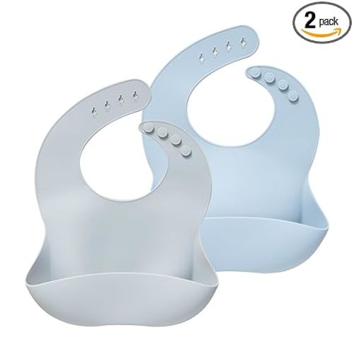 Moonkie Silicone Baby Bibs Set of 2, BPA Free Waterproof Baby Bibs for Eating, Soft Adjustable Silicone Bibs for Babies 6-12 Months, Toddler Bibs with Large Pocket Food Catcher (Light Grey/Blue Fog)