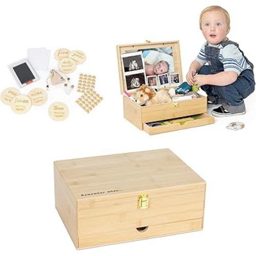 Baby Keepsake Box Set - Bamboo Baby Memory Box with Milestone Discs, Handprint Kit, Photo Corners, Glass Vials, and Burlap Bag - Gifts for New Parents - Keepsake Boxes with Lids