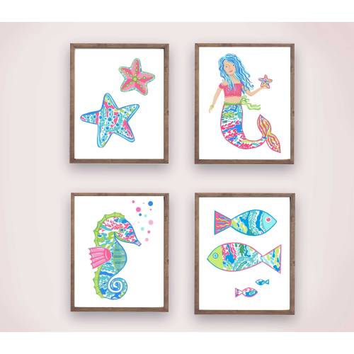 Mermaid wall art decor, baby girl nursery decor, lilly mermaid wall art prints
