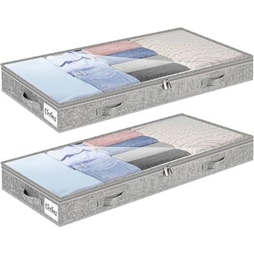4 Inch Low Profile Under Bed Storage Drawer 2 Pack, Lightweight Underbed Clothes Storage Container Bins with NO STURCTURE, Shallow Storage Bag for Dorm & Home, With Clear Lids & Water-Resistant Fabric