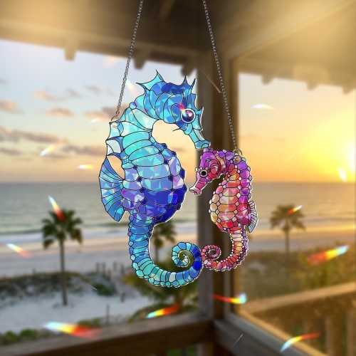Seahorse Dad and Son Hologram ACRYLIC Window Hanging, Ocean Animal Suncatcher, Iridescent Sea Life Decor, Father’s Day Gift from Son, Beach