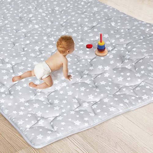 Baby Play Mat, Extra Large Thick Play Mat, Non Slip Cushioned Baby Play Mat for Playing 79x63 Inches, One-Piece Baby Floor Mat for Babies, Toddlers - Grey with star quilting