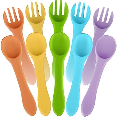 10 Pieces Baby Led Weaning Spoons and Forks Set Infant Silicone Spoon First Self Feed Baby training Utensils for Toddler First Stage Feeding Supplies for Kids Over 6 Months, 5 Pairs(Fresh Colors)