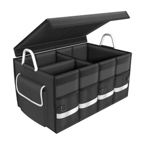Car Trunk Organizer for SUV, Lychee Collapsible Multi Compartments Trunk Vehicle Organizer, Waterproof Car Storage Organizer with Foldable Lid, Aluminium Handle, Non Slip Bottom (Black)