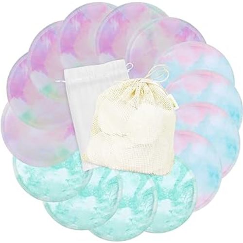 Nursing Pads (14 Pack) + Laundry Bag & Travel Storage Bag, 4.7 inch - Washable & Reusable Breastfeeding Nursing Pads (Plain Shape, Watercolors, Large)