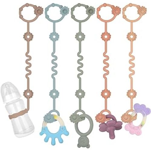 5 Pcs Toy Straps for Baby, Adjustable Stroller Accessories Toy Holder, Prevent Drop Silicone Pacifier Clip, Baby Travel Essential Applicable Sippy Cup (Sage+Ether+Muted+Apricot+Light Grey)