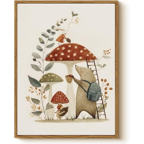 Vintage Storybook Kids Wall Art Framed Canvas Painting 12x16, Cute Woodland Animals and Mushrooms Illustration Bunny Bear Artwork, Nursery Children Room Playroom Farmhouse Fairy Tale Home Decor