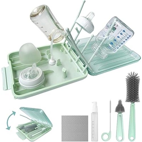Baby Bottle Brush, 7 in 1 Travel Bottle Cleaner Kit with Silicone Bottle Brush, Nipple Brush, Straw Brush, Soap Dispenser, Bottle Drying Rack, Dishcloths, Portable Essentials for Home and Travel-Green