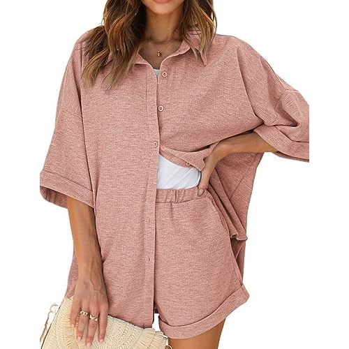 Ekouaer Waffle Knit Lounge Sets for Women Short Sleeve Pajamas Button Down Pjs Oversized Loungewear Shorts Set
