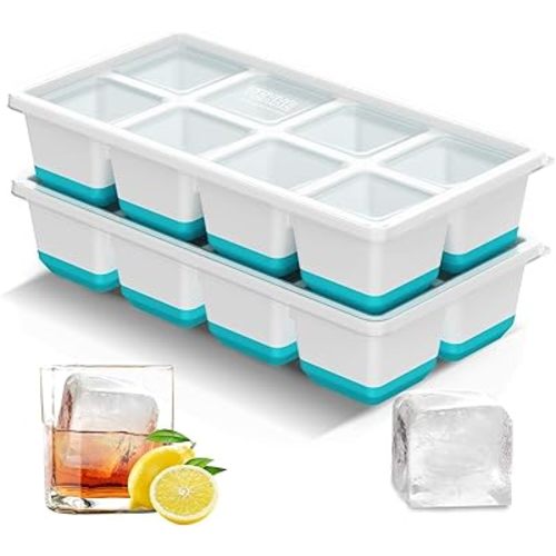 VEHHE Ice Cube Tray, 2 Pack Reusable Large Ice Cube Molds, Ice Cube Trays for Freezer with Lid, Easy Release Ice Tray for Drinks, Whiskey, Cocktails (Blue)