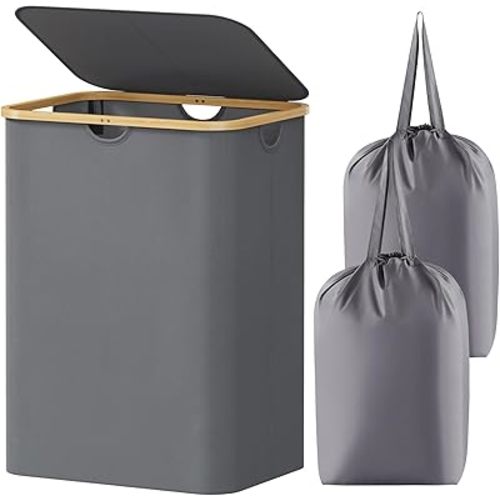 Lifewit 150L Laundry Basket with Lid, Clothes Hampers for Laundry with Bamboo Handles and 2 Removable Bags, Large Foldable Laundry Hamper for Bedroom, Bathroom, Dorm, Grey