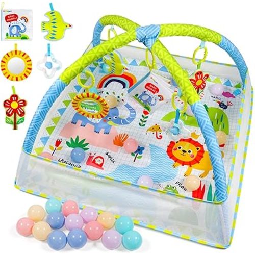 Dr.Rapeti Alfombrilla de gimnasio para juegos para bebés con centro de actividades para piscina de pelotas, tapete grueso para exploración sensorial, desarrollo de habilidades motoras para recién