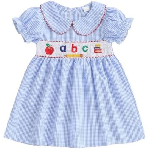 Toddler Baby Girl Back to School Outfit First Day of School Dress Plaid Embroidery Puff Sleeve Smocked Dresses Clothes