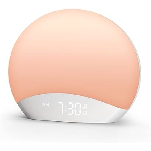 REACHER Sound Machine Sunrise Alarm Clock with Night Light, 26 Nature Inspired Sleep Sounds, 0-100% Dimmable Clock, Sunrise Lamp, Wake Up Light, Brown/Pink/White Noise Machine for Babys, Adults, Kids