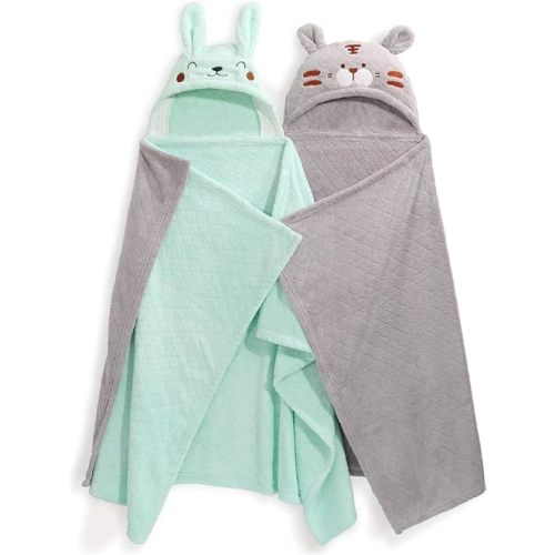 Toddler Bath Towel, 2-Pack Soft Green Rabbit & Gray Tiger