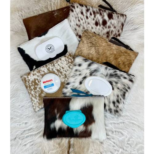 Cowhide Baby Wipes Case, Cowhide and Leather, Zippered Cowhide Wipes Holder, Western Style, Horse Tack, Car Accessory