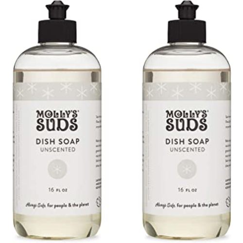 Molly's Suds Natural Liquid Dish Soap | Long-Lasting, Powerful Plant-Powered Ingedients | Unscented, Fragrance Free | 16 oz - 2 Pack