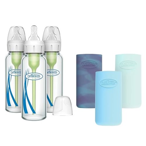 Dr. Brown's Natural Flow Anti-Colic Options+ Narrow Glass Baby Bottle, 8 oz/250 mL, with Silicone Bottle Sleeve, 3 Pack, Glow/Blue/Mint