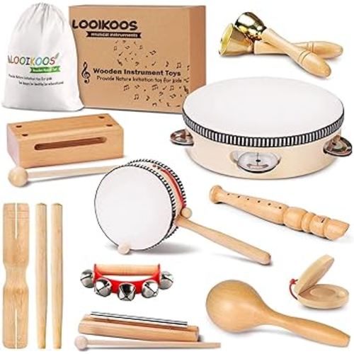 LOOIKOOS Toddler Musical Instruments, Eco Friendly Musical Set for Kids Preschool Educational, Natural Wooden Percussion Instruments Musical Toys for Boys and Girls with Storage Bag