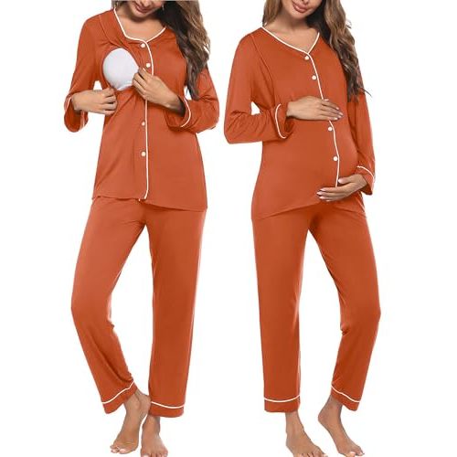 Ekouaer Maternity Pajama Set Button Down Nursing Pajamas Long Sleeve Breastfeeding Loungewear with Adjustable Pants