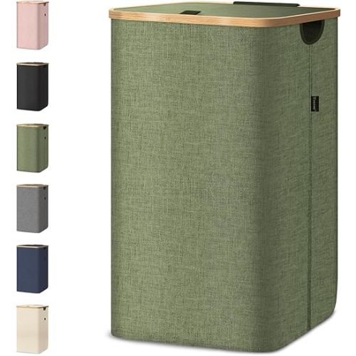 BALEINE Laundry Hamper with Lid, Tall Laundry Baskets with Bamboo Pull Handles, Large Laundry Bin with Internal Support (26 Gallon, Green)