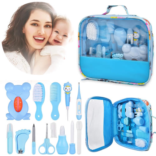 Baby Essentials Kit, Baby Healthcare and Grooming Kit, Baby Care Set with Comb Brush Dispenser, Newborn Essentials Stuff Baby Care Kits for Boys Girls Nursery, Blue
