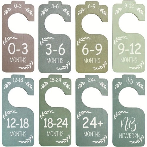 8pcs Wooden Clothes Closet Dividers Organizer - Double-Sided Colorful Hangers with Age Labels (0-3, 3-6, 6-9, 9-12, 12-18, 18-24 Months &) for Nursery Storage, Shower Decor, Gear Organization