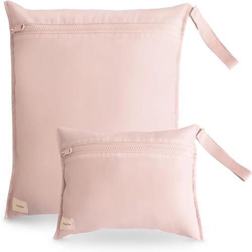 mushie Water Resistant Wet Bags | Large & Small Reusable Storage Bag for Baby Items and Travel | Zippered Pockets with Handle | Machine Washable, Set of 2 (Blush)