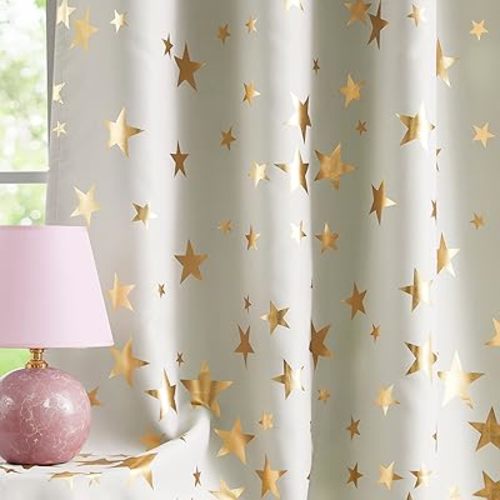 Treatmentex Ivory Blackout Curtains for Bedroom, Sparkling Gold Star Blackout Window Panel Drapes for Kids Girls Baby Nursery Room 50x84, Gold Ivory, 2panels