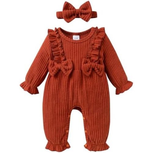 YOUNGER TREE Baby Girl Romper Fall Winter Long Sleeve Newborn Bodysuit with Headband Infant Jumpsuit Clothes