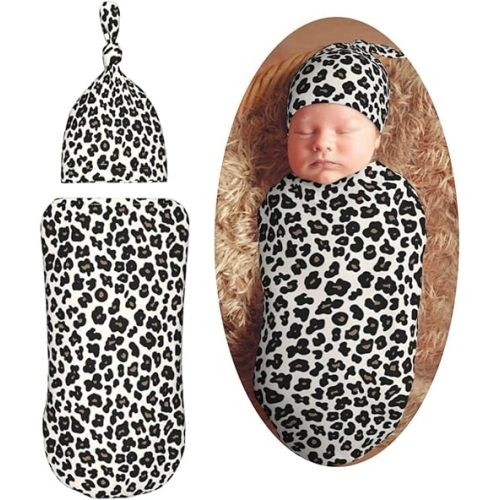 KiuLoam Vintage Black Brown Leopard Print Newborn Swaddle Blanket with Hat Set Soft Baby Receiving Blankets Baby Swaddle Sack for Baby Boys Girls