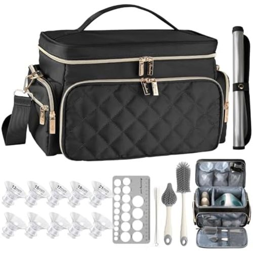Breast Pump Bag Kit for Spectra S1/S2, Pumping Bag with 10Pcs Flange Inserts for 24mm Flange, Nipple Ruler, Bottle Brush Set, Waterproof Mat, Pumping Bags for Work, Travel, Black