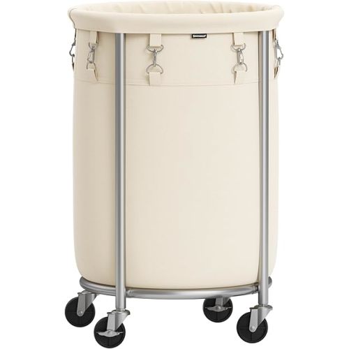 SONGMICS Laundry Basket with Wheels, Rolling Laundry Hamper, 18.5 Gal., Round Laundry Cart with Steel Frame and Removable Bag, 4 Casters and 2 Brakes, Cream and Silver URLS006W01