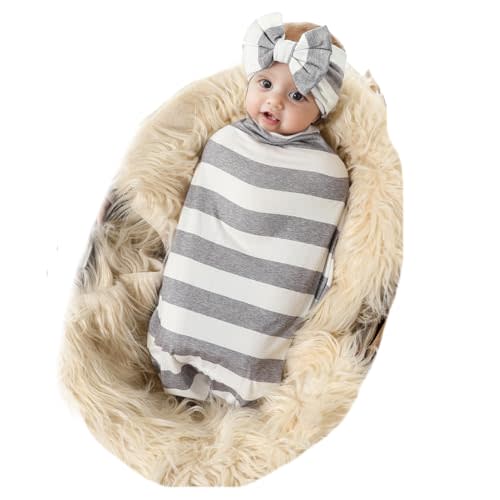 Galabloomer Receiving Blanket Headband Set Flower Print Baby Swaddle Blankets (stripe)