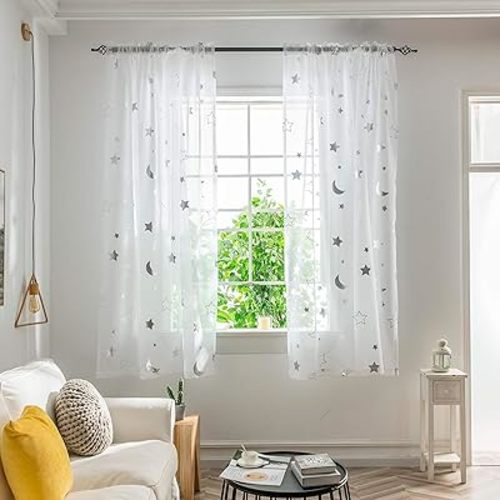 Star Moon Sheer Curtains - Cute White 63 Inch Length for Kids & Girls Bedroom - Galaxy Space Theme - Light Filtering Silver Foil Print - Set of 2 Panels
