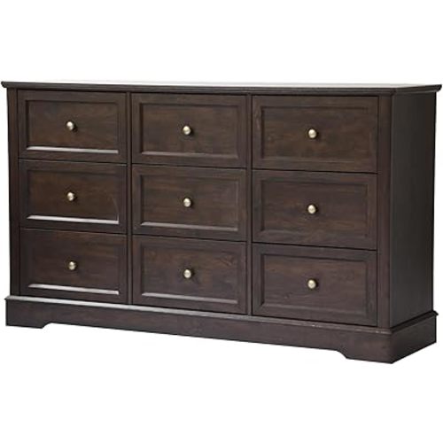 Farmhouse Dresser 9 Drawer, Bedroom Chest of Drawers, Dressers with 9 Drawers, Wooden Dressers for Bedroom, Living Room, Tv Stand, Entryway (Brown-9 Drawers)