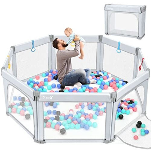 Foldable Baby Playpen 71"x71", Dripex Upgrade Kids Large Playard with 5 Handlers, Indoor & Outdoor Kids Activity Center, Infant Safety Gates with Breathable Mesh, Ash Grey - Foldable 71‘’x71''