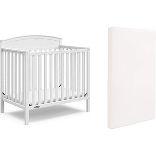 Graco Benton 4-in-1 Convertible Mini Crib with Bonus Crib Mattress (White) – GREENGUARD Gold Certified, 2.75-Inch Mattress Included, Baby Crib Converts to Twin Bed, Ideal for Small Spaces