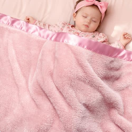 Pro Goleem Fleece Baby Blankets for Girls with 2 Inch Satin Trim, Super Soft Plush Receiving Blanket for Infant Toddler Newborn, Cozy 30x40 Inch Crib & Stroller Blanket (Pink)