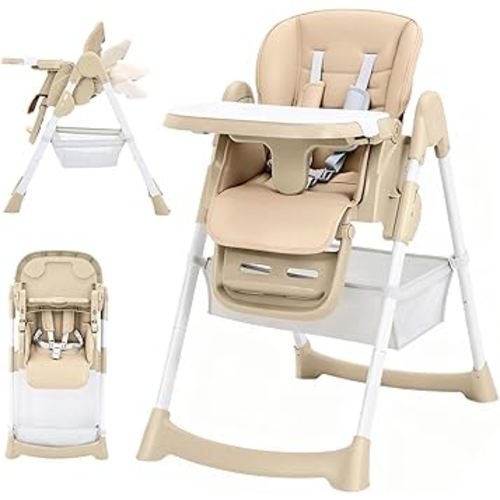 GarveeLife Foldable High Chair for Babies & Toddlers, PU Leather Highchair with Adjustable Backrest, Footrest, Seat Height, Removable Tray, 5-Point Safety Harness & Locking Wheels, Champagne