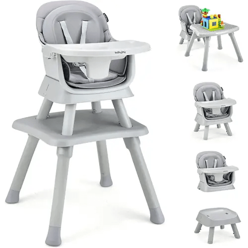 BABY JOY Baby High Chair, 8 in 1 Convertible Highchair for Babies & Toddlers | Booster Seat | Table and Chair Set | Building Block Table | Toddler Chair with Safety Harness, Removable Tray (Gray)