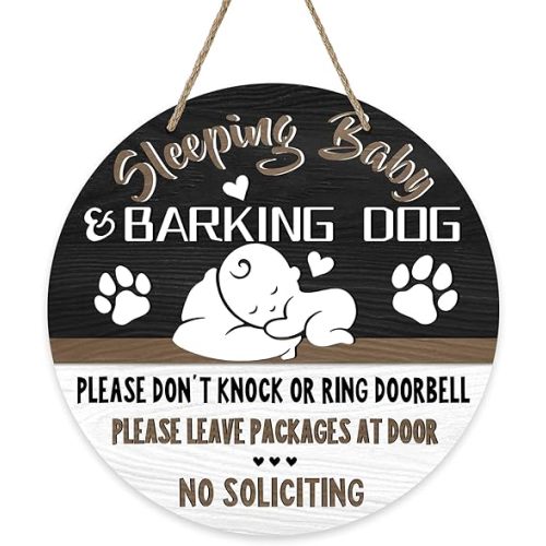 Sleeping Baby Front Door Sign, Barking Dog Please Don't Knock No Soliciting Wood Door Hanger Porch Nursery Decor, Wooden Wreath Indoor Wall Hanging Kids Infant Bedroom Decoration