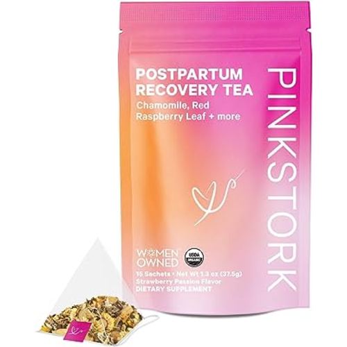 Pink Stork Postpartum Recovery Herbal Tea, Organic Red Raspberry Leaf with Chamomile, Hormone Balance for Women after Labor and Delivery, Postpartum Essentials, Strawberry Passion, 15 Sachets